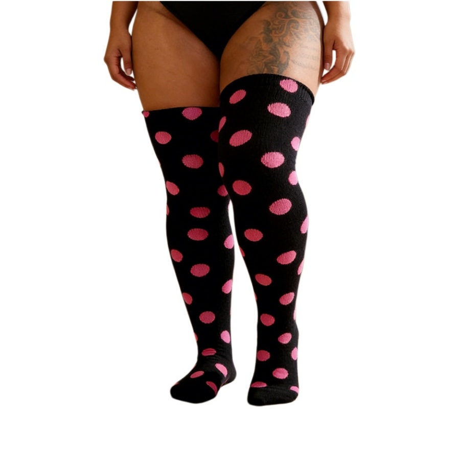 Plus Size Thigh High Socks For Women - Stretchy Polka Dot Over Knee Stockings